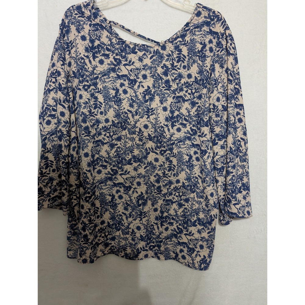 Cato Womens Blue Floral V-Neck Blouse 3/4 Sleeve Tie Neck Top XL